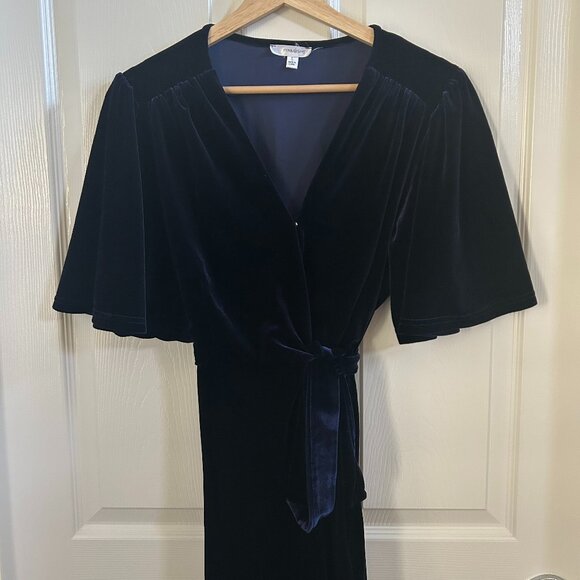 Pink Desert Dress Velvet Wrap Navy Blue Maxi Short Sleeve SZL Whimsygoth - Picture 7 of 12